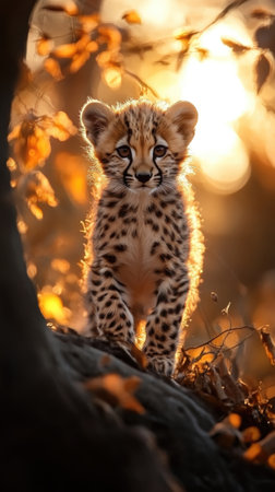 A cute cheetah cub stands confidently on a tree branch, surrounded by vibrant autumn leaves. The warm sunset creates a magical glow, enhancing the charm of this young wild cat.の素材