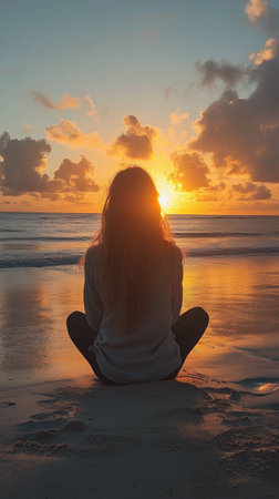 A person sits peacefully on the sandy beach, facing the horizon during a stunning sunset. The sky fills with warm colors reflecting on the tranquil water.の素材