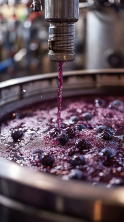 Freshly pressed blueberry juice streams into a large vat, surrounded by ripe blueberries. The vibrant purple color reflects the bustling atmosphere of the harvest time in the winery.の素材
