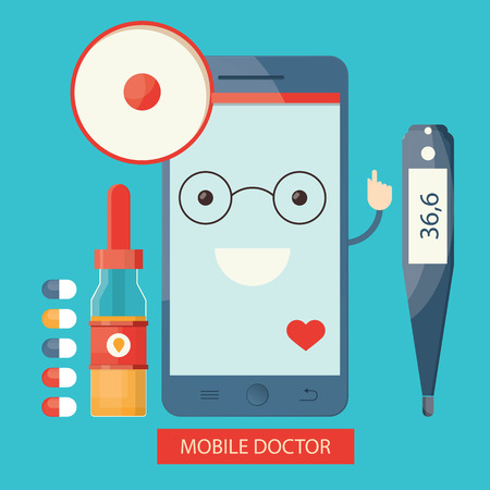 Moden vector illustration of mobile healthcare services, health monitoring, online doctorのイラスト素材