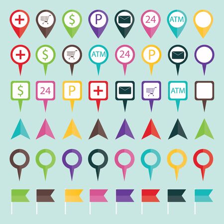 modern vector illustration of geo location pins travel elements composition, map tag, flag, navigation symbolsのイラスト素材