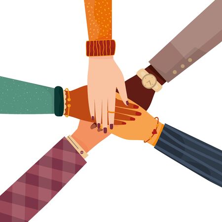 Modern vector illustration of international team building. Concept of team work. Multinational and...