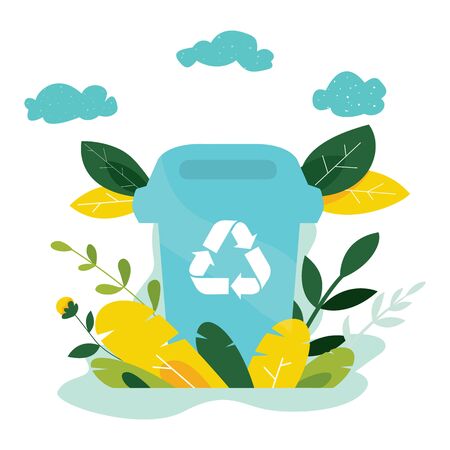 Ecology concept. Protect nature and ecology banner. Earth day. Garbage container with trees, plants. Vector illustration.のイラスト素材