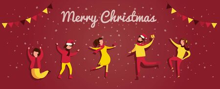 Modern vector illustration of celebrating the New Year concept. People are celebrating and dancing with fireworks, gits and Christmas tree. For banners, web and postcardsのイラスト素材