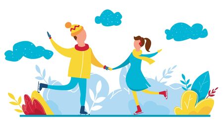Modern vector illustration of winter season featuring Christmas holidays outdoor activities. People characters family ice skatingのイラスト素材