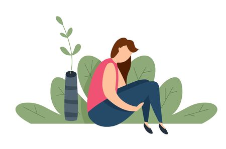 Modern vector illustration of miserable, sad, unhappy woman sitting on the ground. Concept of depression, trouble and psychological problemsのイラスト素材