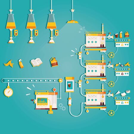 Modern vector illustration of garbage sorting and processing factory. Recycling process of converting waste in new material. Manufacturing of rubbish.Technology of recycle and cleaning industry.のイラスト素材