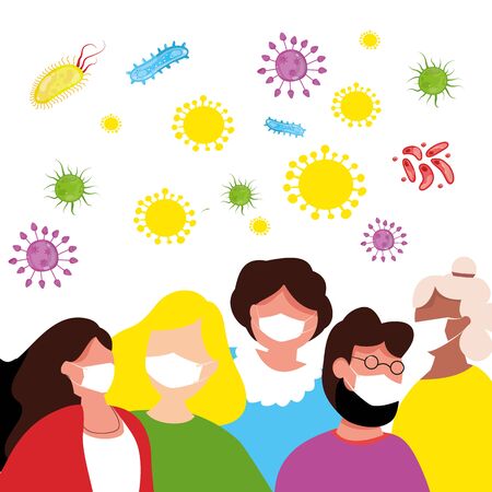 Modern vector illustration of coronavirus quarantine. 2019-nCoV novel coronavirus. International people with medical face mask.のイラスト素材