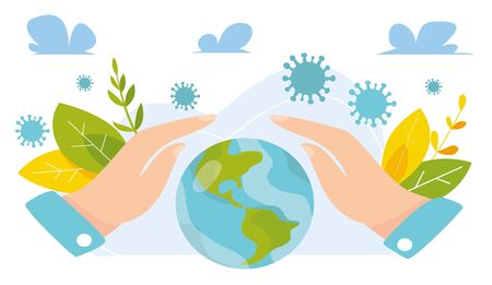 Vector illustration of saving the planet from novel COVID-19 coronavirus. Security of Earth globe. In memory of the victims of the virus. Save the planet. Pandemic viral epidemic.のイラスト素材