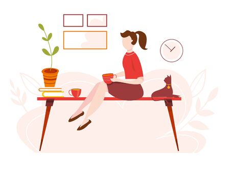 Modern vector illustration of working at home. Woman work in comfortable conditions. Home office. Freelancer with cat, plant. Epidemic quarantine. Self employed concept. Businessman with laptopのイラスト素材