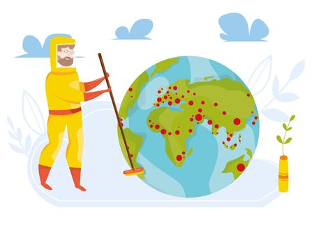 Vector illustration of cleaning the planet from the novel 2019-nCoV coronavirus. The fight against the covid-19 epidemic, the treatment of the infected area. Quarantine Disinfection.のイラスト素材