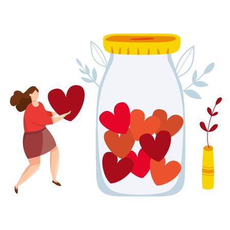 Vector of Concept of charity and donation. Volunteers throw hearts symbol into a box for donations. Social care and help concept. Tiny people sharing kindness and caring. Woman with heartのイラスト素材
