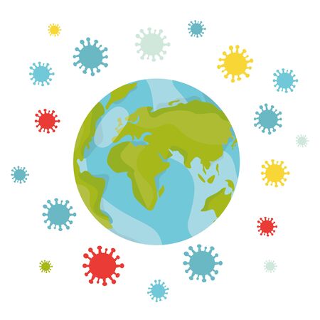 Vector illustration of COVID-19 coronavirus around Earth globe. Pandemic of nCov-19. Influenza virus epidemic. World problem. Flu infection. Coronavirus.のイラスト素材