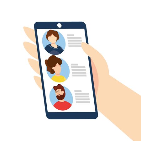 Vector illustration of human Resources app. Businessman find employee in mobile application. Online resume. Remote working. Recruitment and headhunting agency. Hiring. Vacant jobのイラスト素材