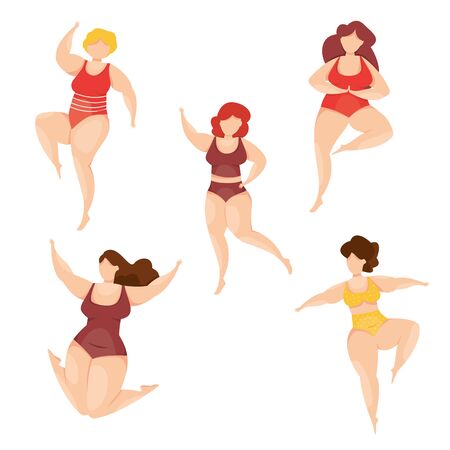 Set of Vector happy plus size model girl. Curvy women female character. Body positive and active healthy lifestyle. Girl power. Female freedom. Love your body and stay positive. Feminismのイラスト素材
