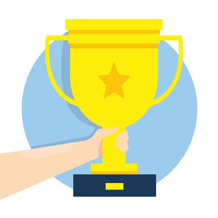 Modern vector illustration of Golden trophy cup in businessman hand. Winner's trophy award. Icon for web site, application. Symbol of win. Awards ceremonyのイラスト素材