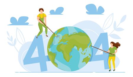 Modern vector illustration of 404 error. Page not found concept. Ecology concept of clean Earth Globe. Disconnection from the internet. Sad people witout connection.のイラスト素材