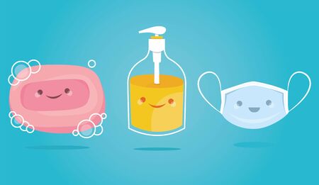 set of cute medical protected mask, soap with bubbles and hygienic gel for hands properly. Viral disease prevention. Daily personal care. Coronavirus epidemic precaution tips. Hand hygieneのイラスト素材