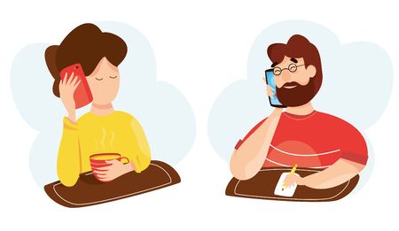 Vector illustration of talking on phone, communication on smartphone. Man and woman speaking on cell phone. Business conversation between people.のイラスト素材