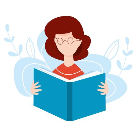 Girl with open book in her hands. Woman reading a book. Online learning concept. Home education vector illustration. Internet education, training, e-learning concept.のイラスト素材