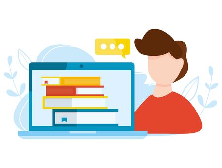 Student with laptop studying and learning at online courses. Distance graduate concept. Home education vector illustration. Internet education, training, e-learning concept. Online library.のイラスト素材