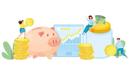 Banking deposit vector illustration. Money Savings concept. Cash protection. Finance saving banner. Money investment. Piggy bank with laptop and stacked glass jar vector illustration.のイラスト素材