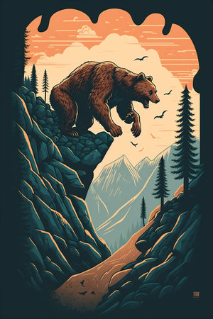 Vector illustration of a bear on a mountain landscape. Retro style.の素材