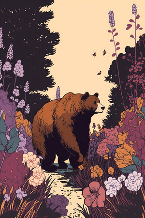 Vector hand drawn illustration of a bear in the forest with flowers.の素材