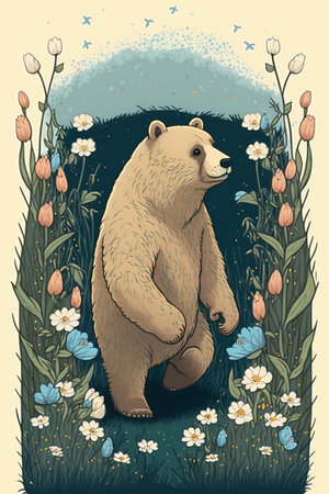 Illustration of a bear sitting on a meadow with flowers.の素材