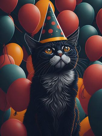 Cute black cat with party hat and balloons. Vector illustration.の素材