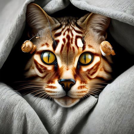 Bengal cat looks out from under the blanket. Toned.の素材