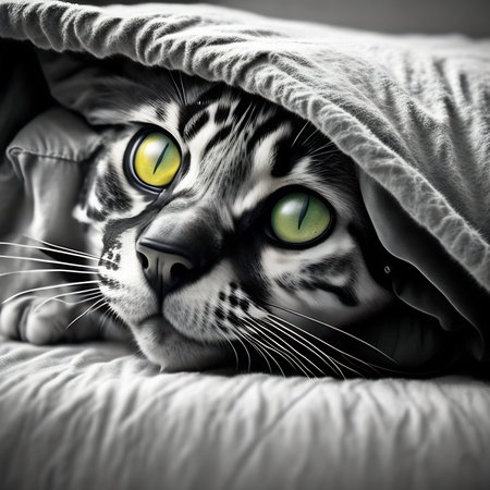 Cute cat hiding under the blanket. Black and white image.の素材