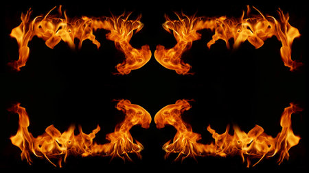 Dangerous hot inferno fire flames photo frame abstract fire squares on black background for design.