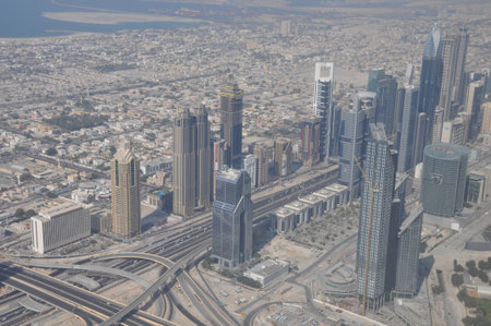DUBAI, UAE - DECEMBER 22  Aerial view of Downtown Dubai from the tallest building in the world, Burj Khalifa, at 828m, taken on December 22, 2013 in Dubai, United Arab Emirates のeditorial素材
