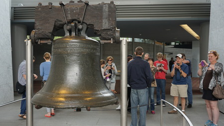 PHILADELPHIA - MAY 9: The Liberty Bell Center housing the symbol of American independence in Philadelphia, on May 9, 2015. The bell originally cracked when first rung after arrival in Philadelphia.のeditorial素材