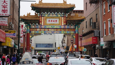 PHILADELPHIA, PA - MAY 9: The Chinatown Friendship Gate, also known as the Chinese Friendship Arch, as seen on May 9, 2015, in Philadelphia, USA.のeditorial素材