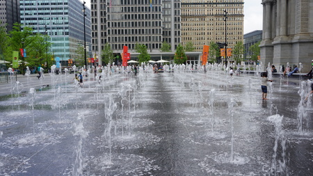 PHILADELPHIA, PA - MAY 10: Dilworth Park Fountain 185x60 feet in Philadelphia, on May 10, 2015. It is covered by a thin scrim of water with programmable 3-foot-high spouts creating dancing waters.のeditorial素材