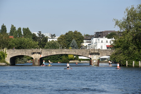 Bridge on Lake Alster in Hamburg, Germanyの写真素材