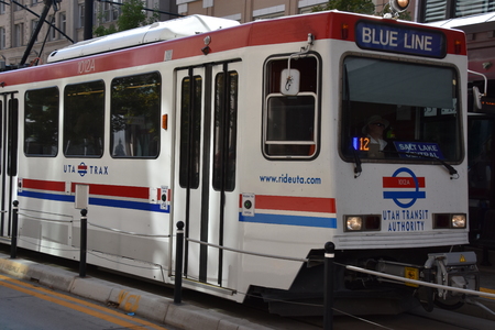TRAX, Utah Transport Authority's light rail system, in downtown Salt Lake Cityのeditorial素材