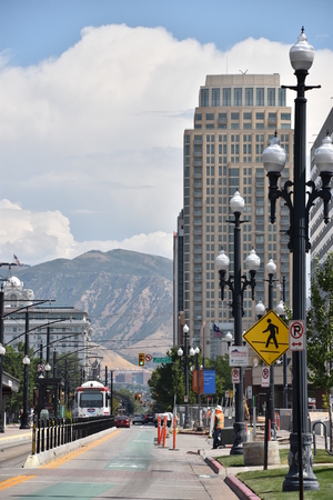 TRAX, Utah Transport Authority's light rail system, in downtown Salt Lake Cityのeditorial素材