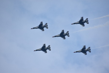 CHICOPEE, MA - JUL 14: US Air Force Thunderbirds at the 2018 Great New England Airshow at Westover Air Reserve Base in Chicopee, Massachusetts, as seen on July 14, 2018.のeditorial素材