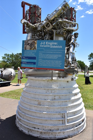 HOUSTON, TX - APR 19: J-2 Engine at Rocket Park at Space Center in Houston Texas on April 19 2019....