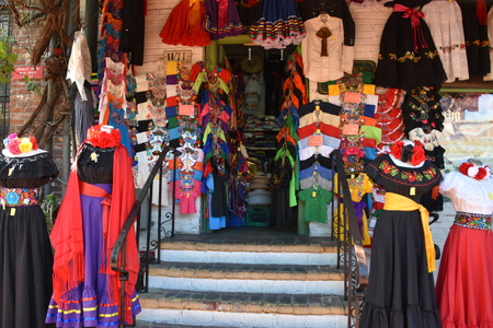 LOS ANGELES, CALIFORNIA - OCT 18: Olvera Street in Los Angeles, California, seen on Oct 18, 2018. It is a historic district in downtown LA, and a part of El Pueblo de Los Angeles Historic Monument.のeditorial素材
