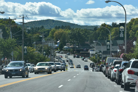 LAKE GEORGE, NY - SEP 24: Village of Lake George in New York, as seen on Sep 24, 2016. Lake George is a long, narrow oligotrophic lake located at the southeast base of the Adirondack Mountains.のeditorial素材
