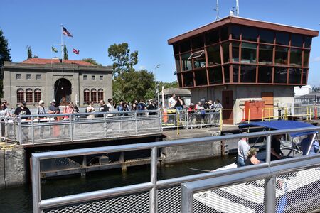 SEATTLE, WA - JUL 15: Hiram M. Chittenden Locks (Ballard Locks) in Seattle, Washington, as seen on July 15, 2019. It is a complex of locks at the west end of Salmon Bay, in Seattle, Washington's Lake Washington Ship Canal.のeditorial素材