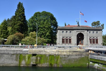 SEATTLE, WA - JUL 15: Hiram M. Chittenden Locks (Ballard Locks) in Seattle, Washington, as seen on July 15, 2019. It is a complex of locks at the west end of Salmon Bay, in Seattle, Washington's Lake Washington Ship Canal.のeditorial素材