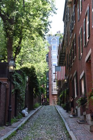 BOSTON, MASSACHUSETTS - JUL 28: Acorn Street in Boston, Massachusetts, as seen on July 28, 2019.のeditorial素材