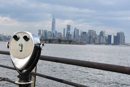 NEW YORK, NY - AUG 4: View of Manhattan Skyline, from Liberty State Park in Jersey City, New Jersey, as seen on Aug 4, 2019. Manhattan is the most densely populated of the five boroughs of New York City.のeditorial素材
