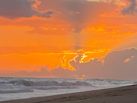 Sunset at Kekaha Beach Park on Kauai, Hawaiiの写真素材