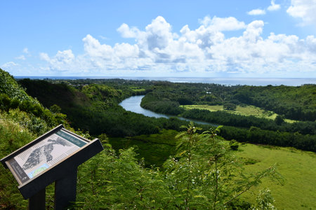 View of Wailua River State Park from Poliahu Heiau at Kapaa on Kauai Island in Hawaiiの写真素材